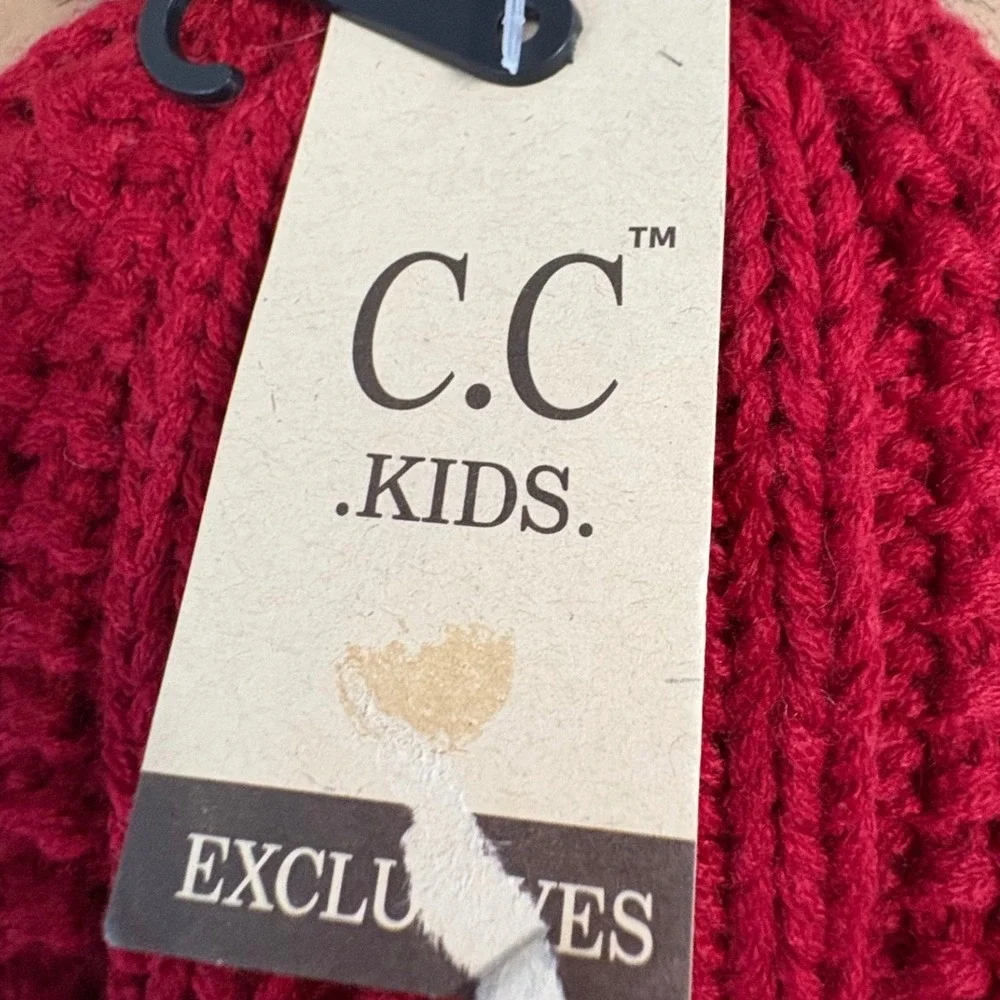 CC Kids Red Cable Knit Beanie Faux Fur Pom‎ Pom Winter Hat YJ-820 NEW